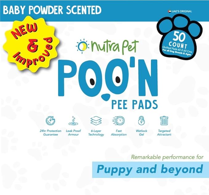 Nutra Pet Poo N Pee Pads Baby Powder Scented - Fast Absorption With Floor Mat Stickers (60x60cms) - 50 Count
