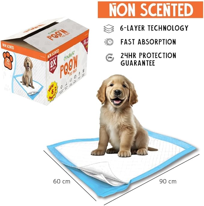 Nutra Pet Poo N Pee Pads XL Non-Scented - Fast Absorption With Floor Mat Stickers (60x90cms) - 50 Count