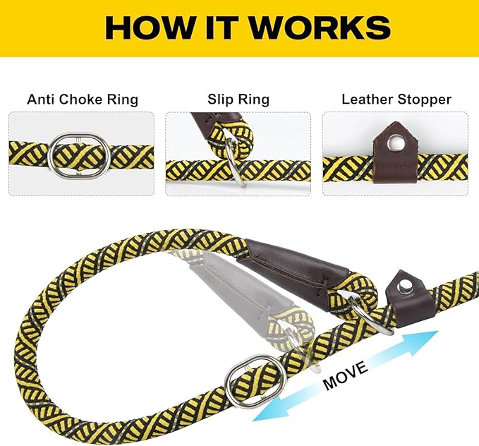 Fida Durable Slip Lead Dog Leash, Heavy Duty 1/2" x 6 Training Leash with Highly Reflective Threads Yellow