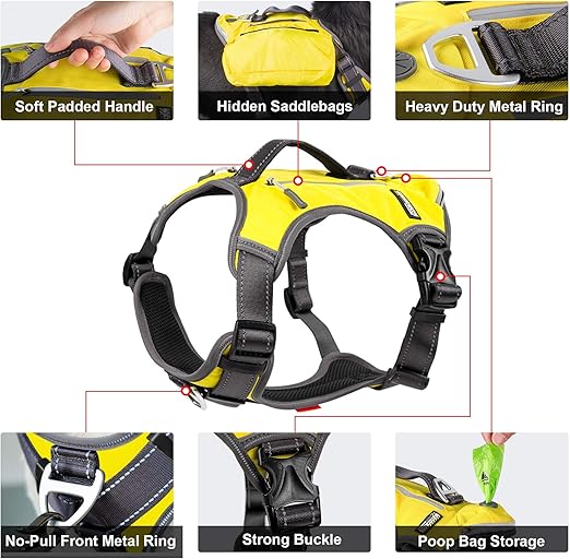 Fida Dog Harness, Multi-Functional No-Pull Pet Vest Harness with Saddle Bags Backpack, Front Leash Clip, Adjustable Soft Padded Reflective No-Choke Dog Vest Heavy Duty for Large Dog, L, Yellow