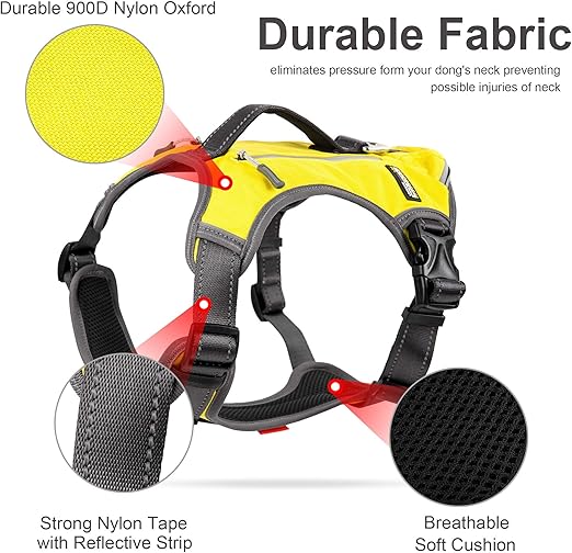 Fida Dog Harness, Multi-Functional No-Pull Pet Vest Harness with Saddle Bags Backpack, Front Leash Clip, Adjustable Soft Padded Reflective No-Choke Dog Vest Heavy Duty for Large Dog, L, Yellow