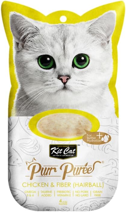 Kit Cat Purr Puree Chicken & Fiber Hairball Wet Cat Treat Tubes 4x15g
