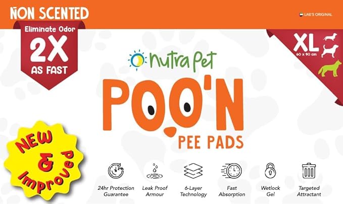 Nutra Pet Poo N Pee Pads XL Non-Scented - Fast Absorption With Floor Mat Stickers (60x90cms) - 50 Count
