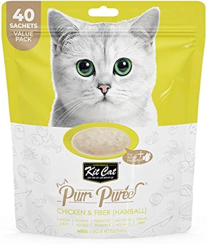 Kit Cat Purr Puree Cat Treats Chicken & Fiber (Hairball) (40 Sachets Value Pack)