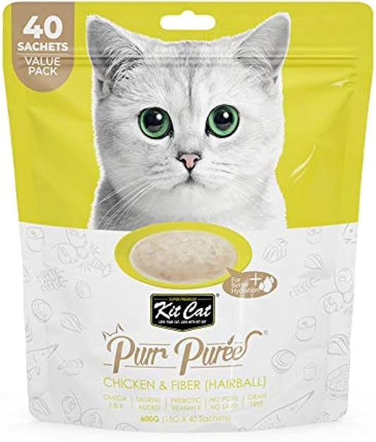 Kit Cat Purr Puree Cat Treats Chicken & Fiber (Hairball) (40 Sachets Value Pack)