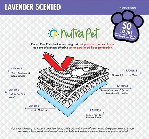 Nutrapet Poo N Pee Pads Lavender Scented 60 Cms X 60 Cms 5 X Absorption With Floor Mat Stickers