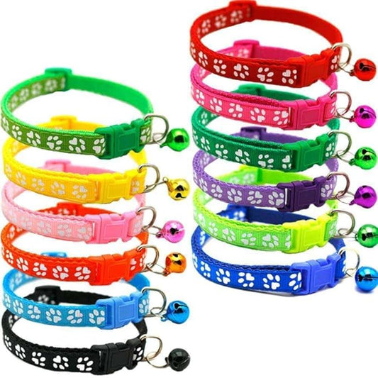 Adjustable Nylon Dog/Cat Collar with Bell, Multi-Colors Paw Print, for Small and Medium Pets (Orange)