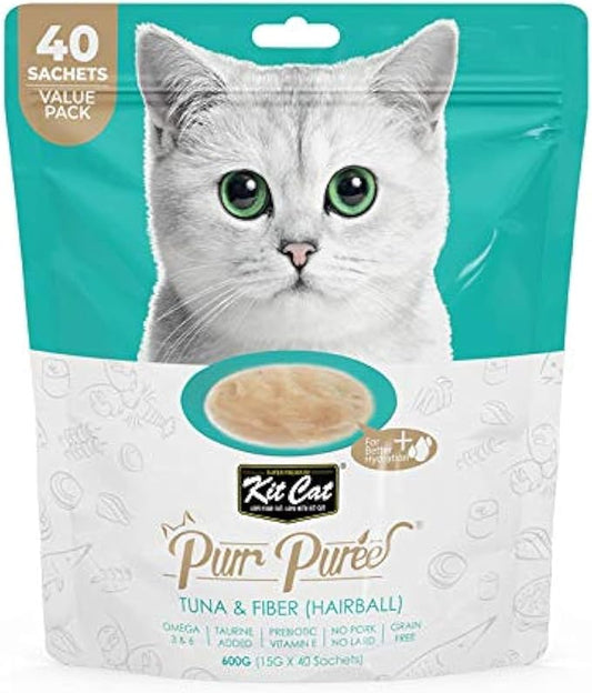Kit Cat Hairball Tuna and Fiber Purr Puree Cat Treats (Value Pack of 40 Sachets)