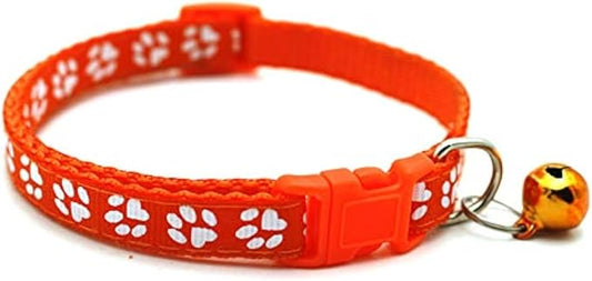 Adjustable Nylon Dog/Cat Collar with Bell, Multi-Colors Paw Print, for Small and Medium Pets (Orange)