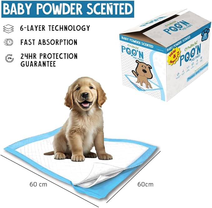 Nutra Pet Poo N Pee Pads Baby Powder Scented - Fast Absorption With Floor Mat Stickers (60x60cms) - 50 Count