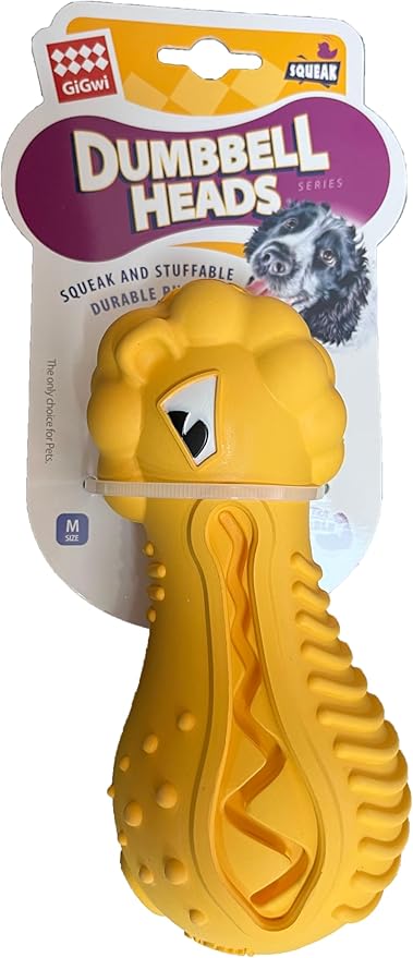 Gigwi Dog Toy Dumbell Heads Lion Squeaker Toy, Yellow