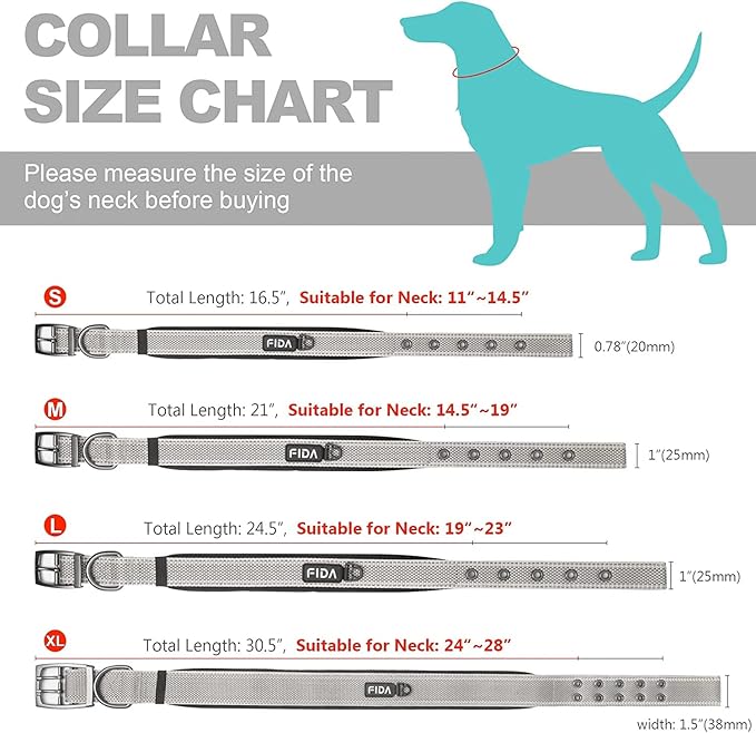 FIDA Heavy Duty Reflective Dog Collar, Large
