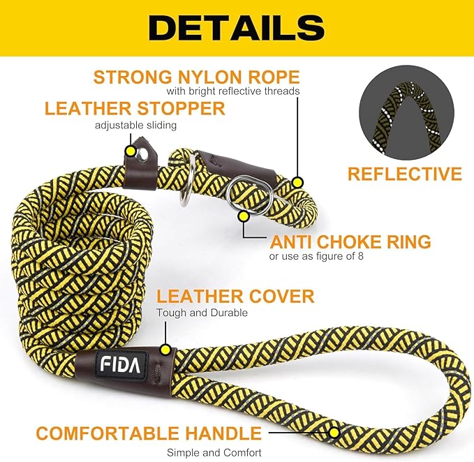 Fida Durable Slip Lead Dog Leash, Heavy Duty 1/2" x 6 Training Leash with Highly Reflective Threads Yellow