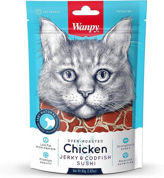 Wanpy Oven-Roasted Chicken Jerky and Codfish Sushi - Cat Treats 80g