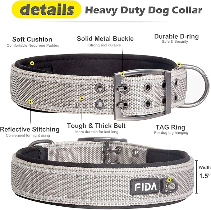 FIDA Heavy Duty Reflective Dog Collar, Large