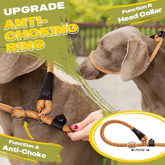 Fida Durable Slip Loop Lead for Large, Medium Dogs, 6 FT x 1/2" Heavy Duty, Comfortable Strong Rope, No Pull Pet Training Leash with Highly Reflective, Orange
